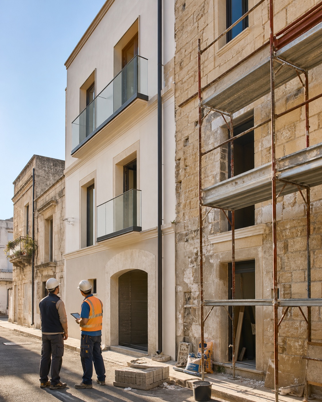 Ristrutturazione di un edificio nel Salento con tecnici che controllano i lavori